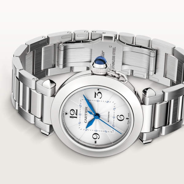 Pasha de Cartier watch 35 mm, automatic movement, steel, interchangeable metal and leather straps