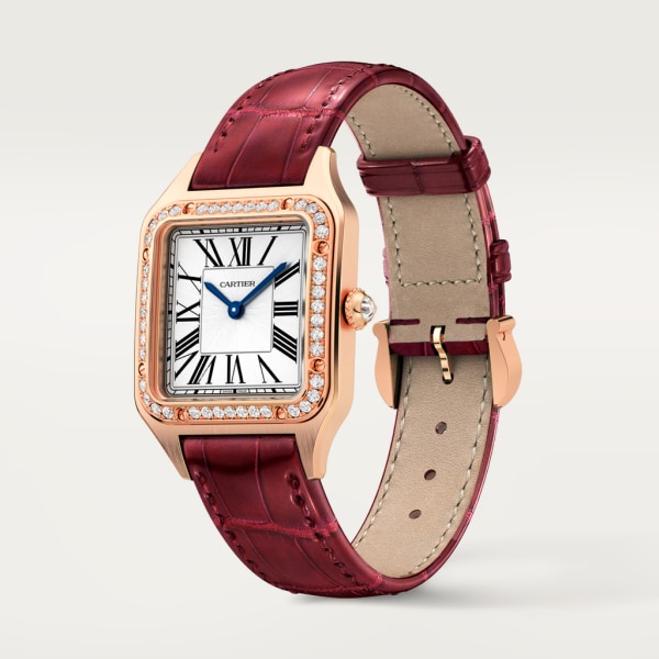 Santos-Dumont watch Small model, quartz movement, rose gold, diamonds, leather