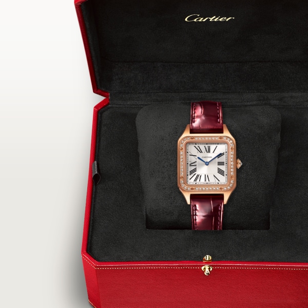 Santos-Dumont watch Small model, quartz movement, rose gold, diamonds, leather