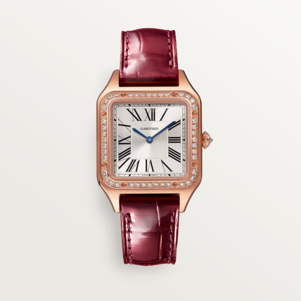 Santos-Dumont watch Small model, quartz movement, rose gold, diamonds, leather