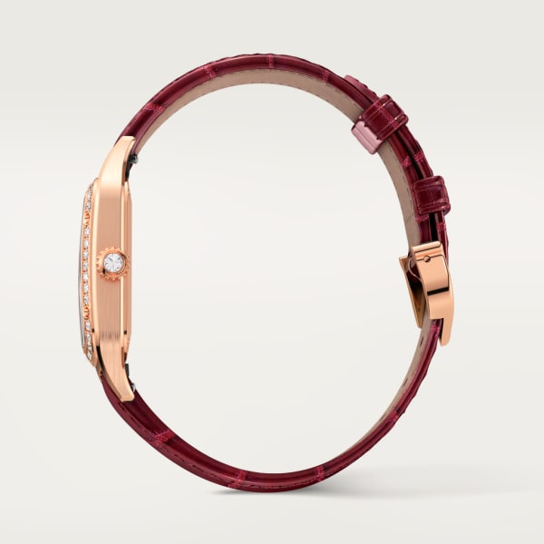 Santos-Dumont watch Small model, quartz movement, rose gold, diamonds, leather