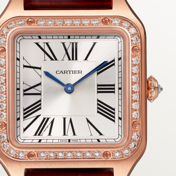 Santos-Dumont watch Small model, quartz movement, rose gold, diamonds, leather