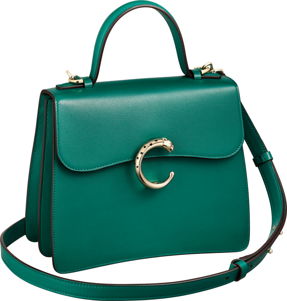 Top handle bag small model, Panthère de CartierDark green calfskin, golden finish