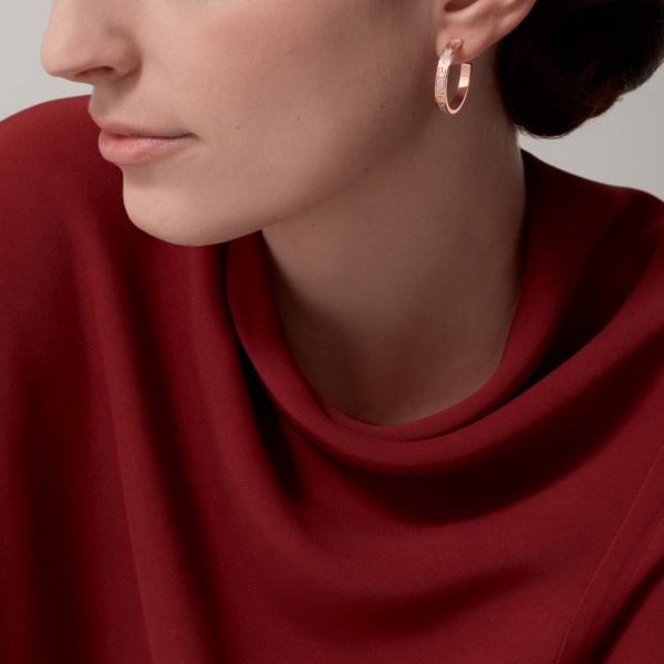 Love hoop earrings, medium model, paved Rose gold, diamond