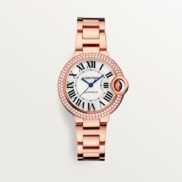 Ballon Bleu de Cartier watch 33 mm, mechanical movement with automatic winding, rose gold, diamonds