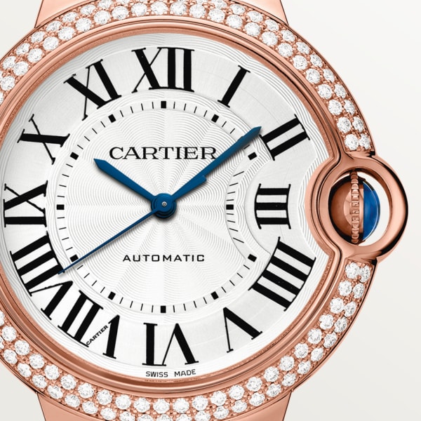 Ballon Bleu de Cartier watch 36mm, automatic movement, rose gold, diamonds, leather