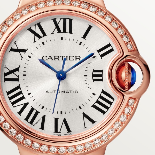 Ballon Bleu de Cartier watch 33 mm, mechanical movement with automatic winding, rose gold, diamonds