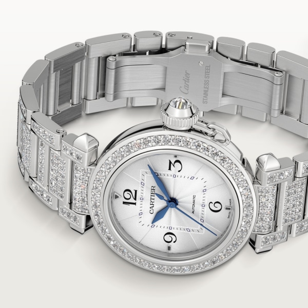 Pasha de Cartier watch 35mm, automatic movement, white gold, diamonds