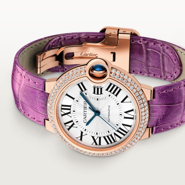 Ballon Bleu de Cartier watch 36mm, automatic movement, rose gold, diamonds, leather