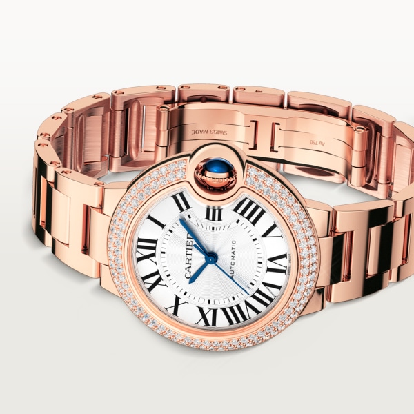 Ballon Bleu de Cartier watch 33 mm, mechanical movement with automatic winding, rose gold, diamonds