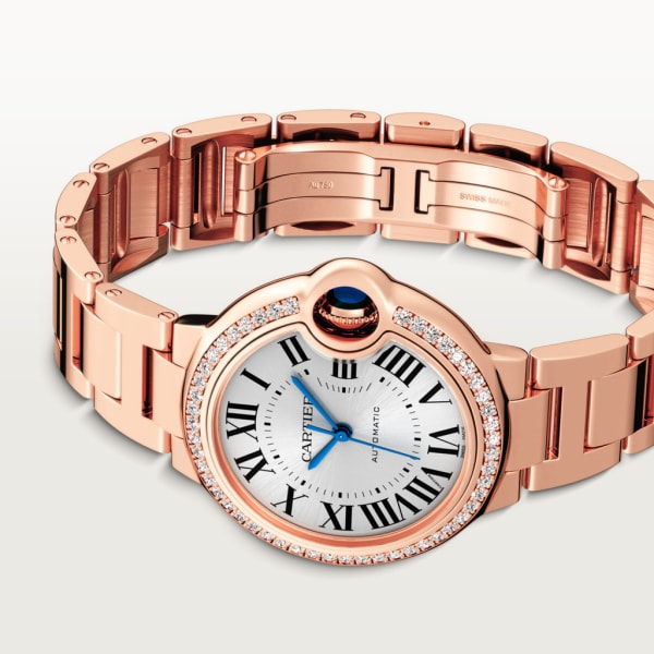 Ballon Bleu de Cartier watch 33 mm, mechanical movement with automatic winding, rose gold, diamonds