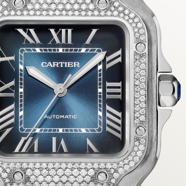 Santos de Cartier watch Medium model, automatic movement, steel, diamonds, blue dial, interchangeable metal and leather bracelets