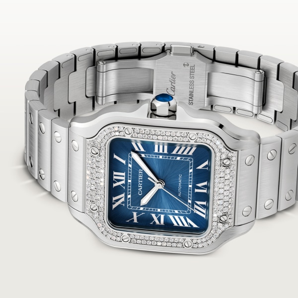 Santos de Cartier watch Medium model, automatic movement, steel, diamonds, blue dial, interchangeable metal and leather bracelets