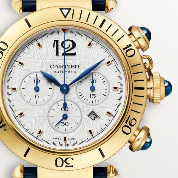 Pasha de Cartier watch 41 mm, chronograph, automatic movement, 18K yellow gold, interchangeable leather straps