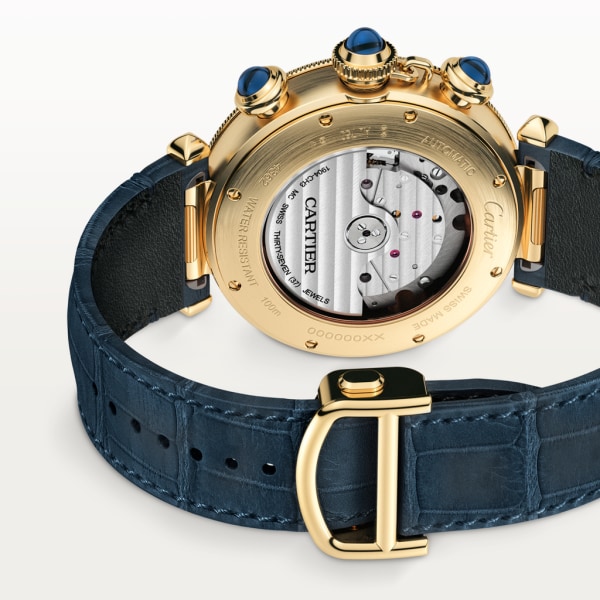 Pasha de Cartier watch 41 mm, chronograph, automatic movement, 18K yellow gold, interchangeable leather straps