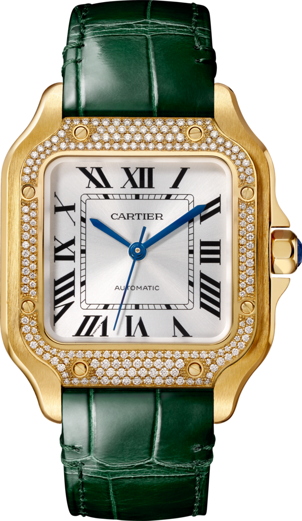 Santos de Cartier watch Medium model, automatic movement, yellow gold, diamonds, 2 interchangeable leather bracelets