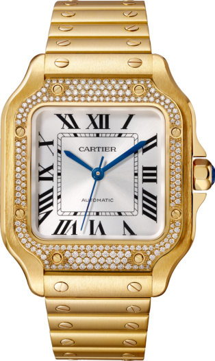 Santos de Cartier watch Medium model, automatic movement, yellow gold, diamonds, interchangeable metal and leather bracelets