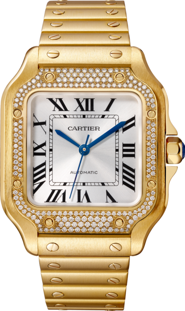 Santos de Cartier watch Medium model, automatic movement, yellow gold, diamonds, interchangeable metal and leather bracelets