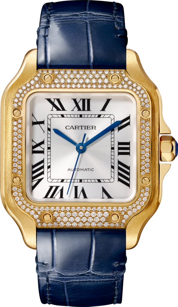 Santos de Cartier watch Medium model, automatic movement, yellow gold, diamonds, interchangeable metal and leather bracelets