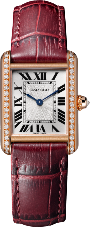 Tank Louis Cartier watch Small model, hand-wound mechanical movement, rose gold, diamonds, leather