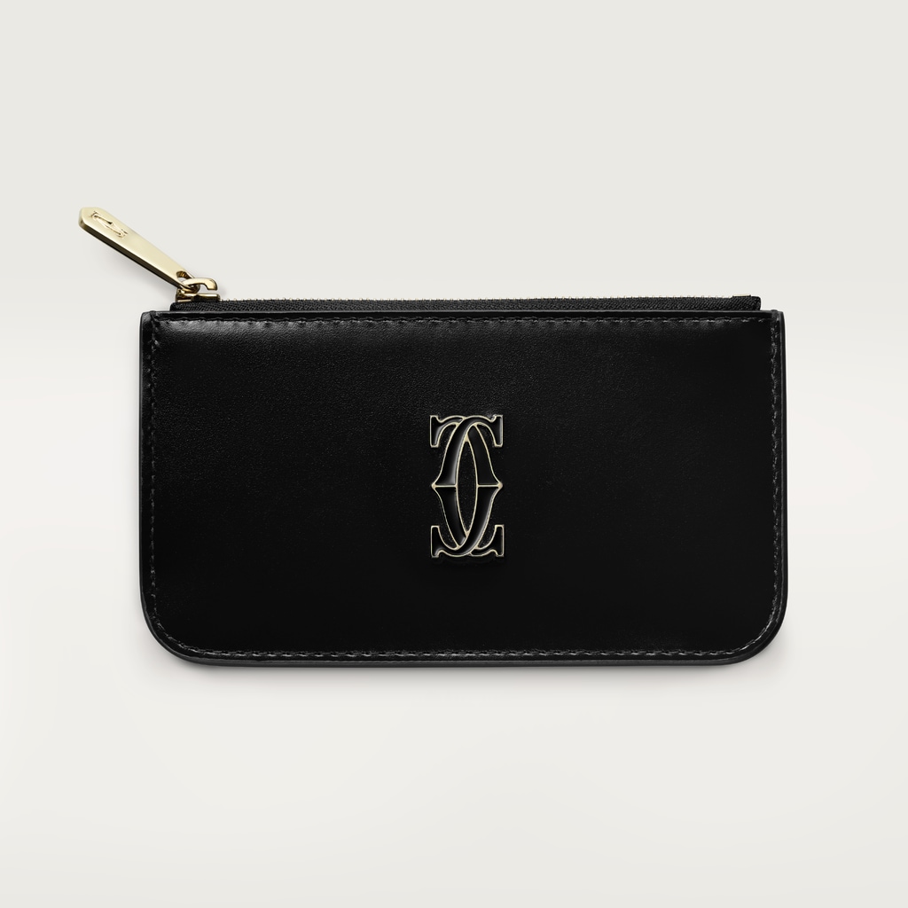 Zipped card holder, C de CartierBlack calfskin, gold and black enamel finish