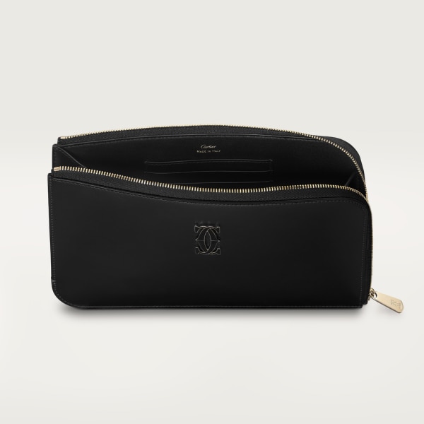 Pouch small model, C de Cartier Black calfskin, gold and black enamel finish