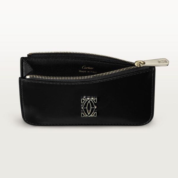 Zipped card holder, C de Cartier Black calfskin, gold and black enamel finish