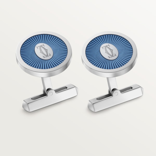 Double C de Cartier cufflinks with blue lacquer Sunray motif Sterling silver , palladium finish, translucent blue lacquer.