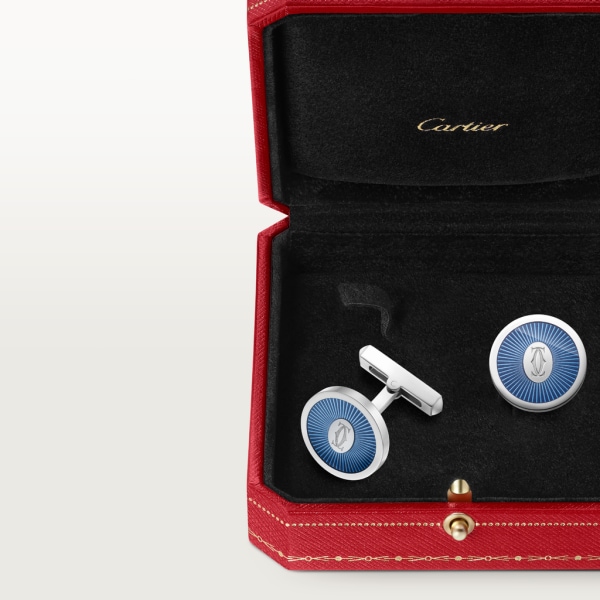 Double C de Cartier cufflinks with blue lacquer Sunray motif Sterling silver , palladium finish, translucent blue lacquer.