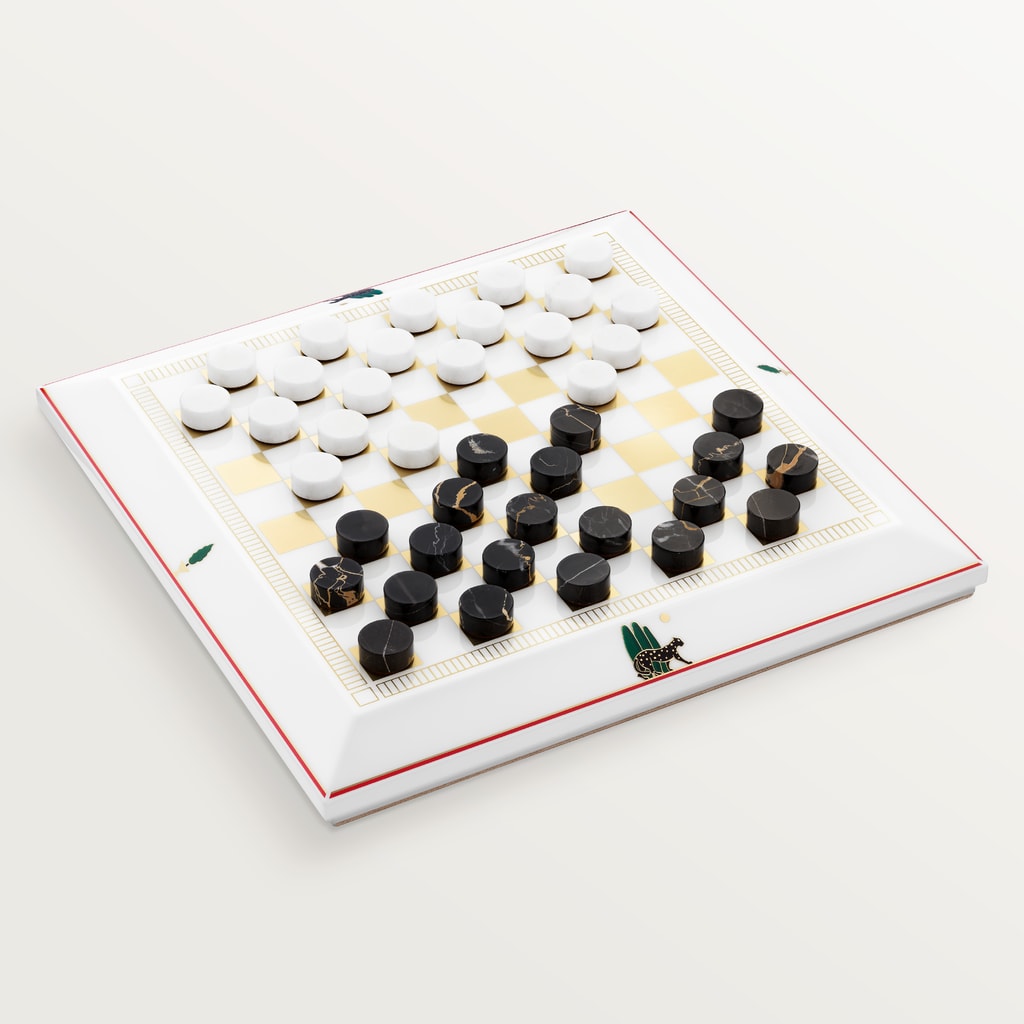 Draughts set with panther motifLacquered wood and marble