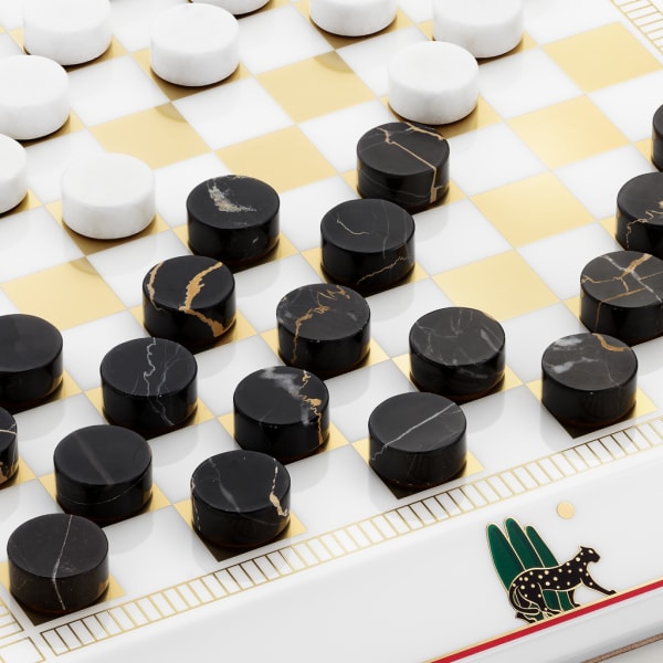 Draughts set with panther motif Lacquered wood and marble