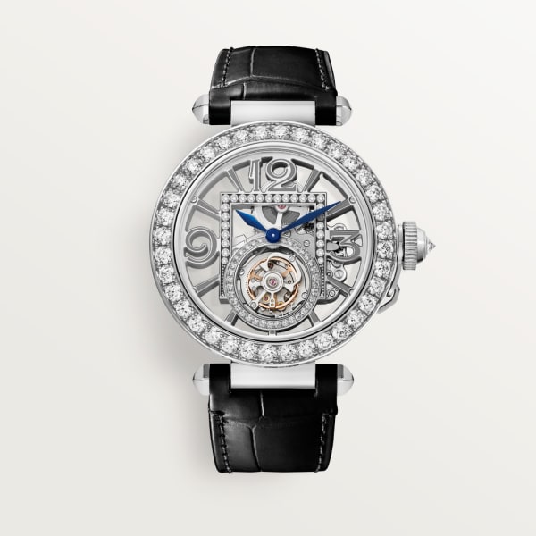 Pasha de Cartier watch 41 mm, hand-wound mechanical movement, white gold, diamonds, 2 interchangeable leather straps