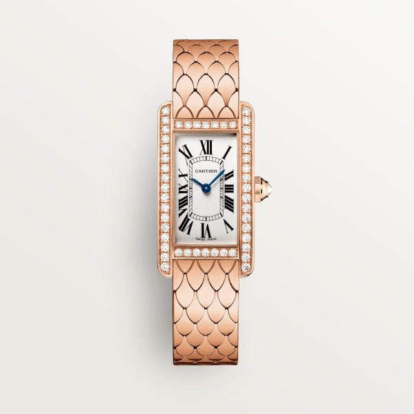 Tank Américaine watch Small model, quartz movement, rose gold, diamonds