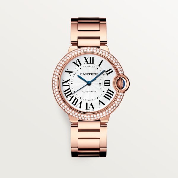 Ballon Bleu de Cartier watch 36 mm, mechanical movement with automatic winding, rose gold, diamonds