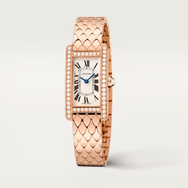 Tank Américaine watch Small model, quartz movement, rose gold, diamonds