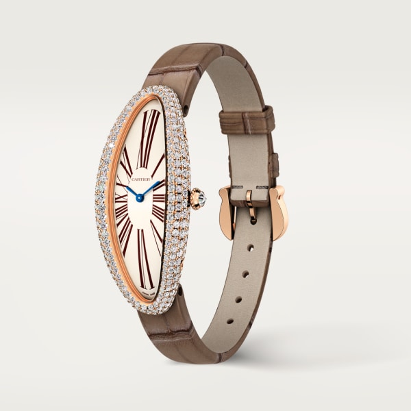 Baignoire Allongée watch Medium model, hand-wound mechanical movement, rose gold, diamonds