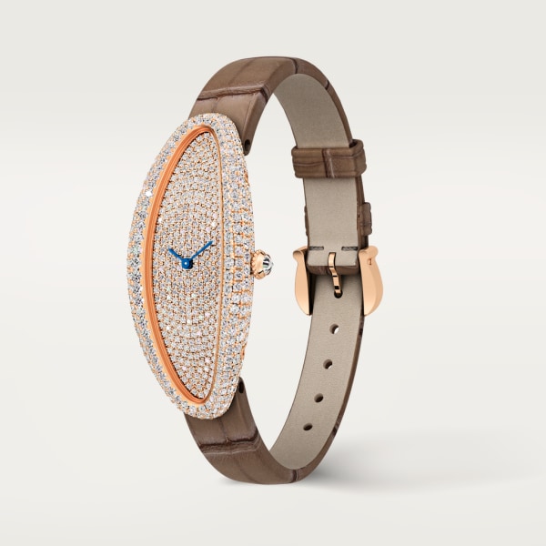 Baignoire Allongée watch Medium model, hand-wound mechanical movement, rose gold, diamonds