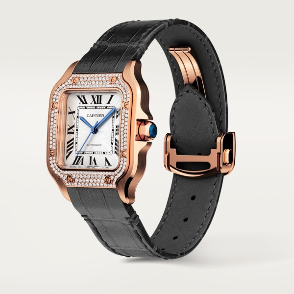 Santos de Cartier watch Medium model, automatic movement, rose gold, diamonds, 2 interchangeable leather bracelets