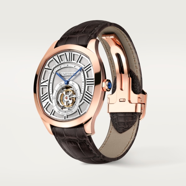 Drive de Cartier Flying Tourbillon watch Large model, hand-wound mechanical movement, rose gold, leather