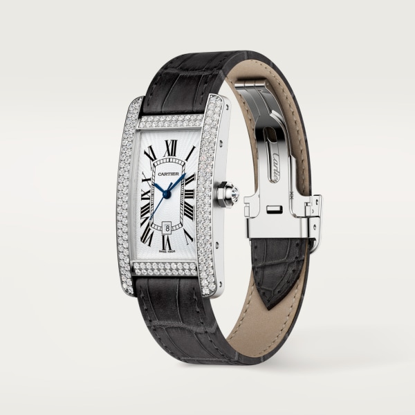 Tank Américaine watch Medium model, automatic movement, white gold, diamonds, leather