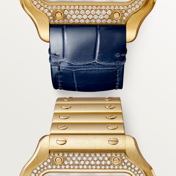 Santos de Cartier watch Medium model, automatic movement, yellow gold, diamonds, interchangeable metal and leather bracelets