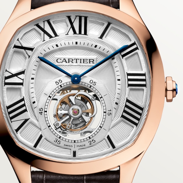 Drive de Cartier Flying Tourbillon watch Large model, hand-wound mechanical movement, rose gold, leather