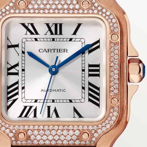 Santos de Cartier watch Medium model, automatic movement, rose gold, diamonds, 2 interchangeable leather bracelets