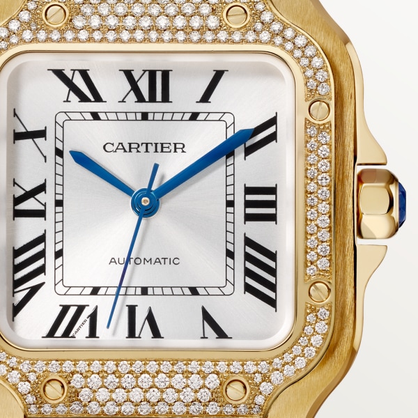 Santos de Cartier watch Medium model, automatic movement, yellow gold, diamonds, interchangeable metal and leather bracelets