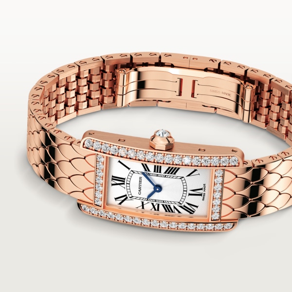 Tank Américaine watch Small model, quartz movement, rose gold, diamonds