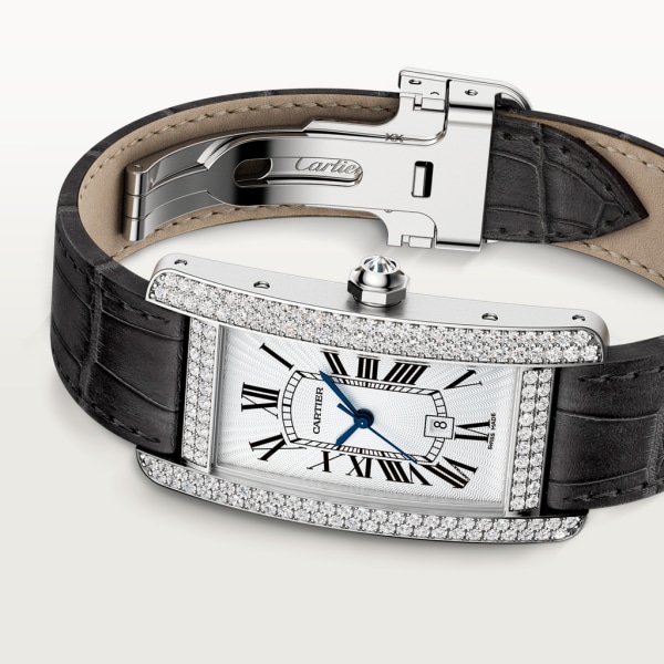 Tank Américaine watch Medium model, automatic movement, white gold, diamonds, leather