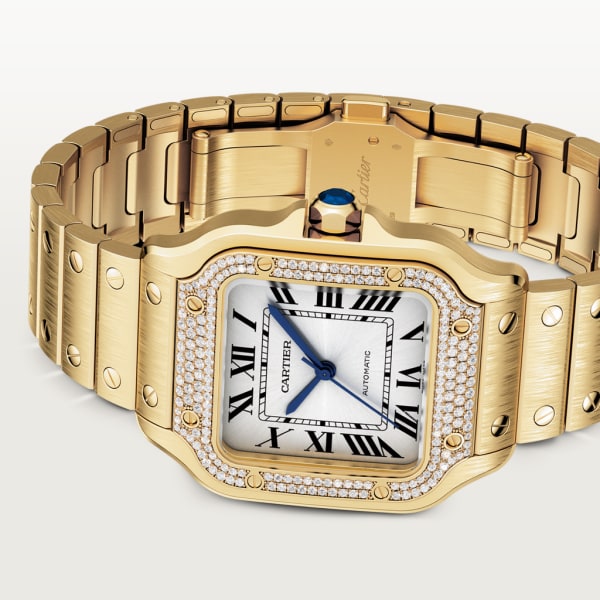 Santos de Cartier watch Medium model, automatic movement, yellow gold, diamonds, interchangeable metal and leather bracelets