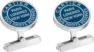 Double C de Cartier cufflinks with Stamp motif in silver and blue lacquer. Sterling silver, palladium finish, blue lacquer.