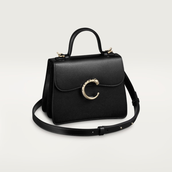 Top handle bag mini model, Panthère de Cartier Black calfskin, gold finish