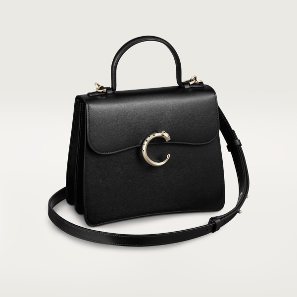 Top handle bag small model, Panthère de Cartier Black calfskin, gold finish